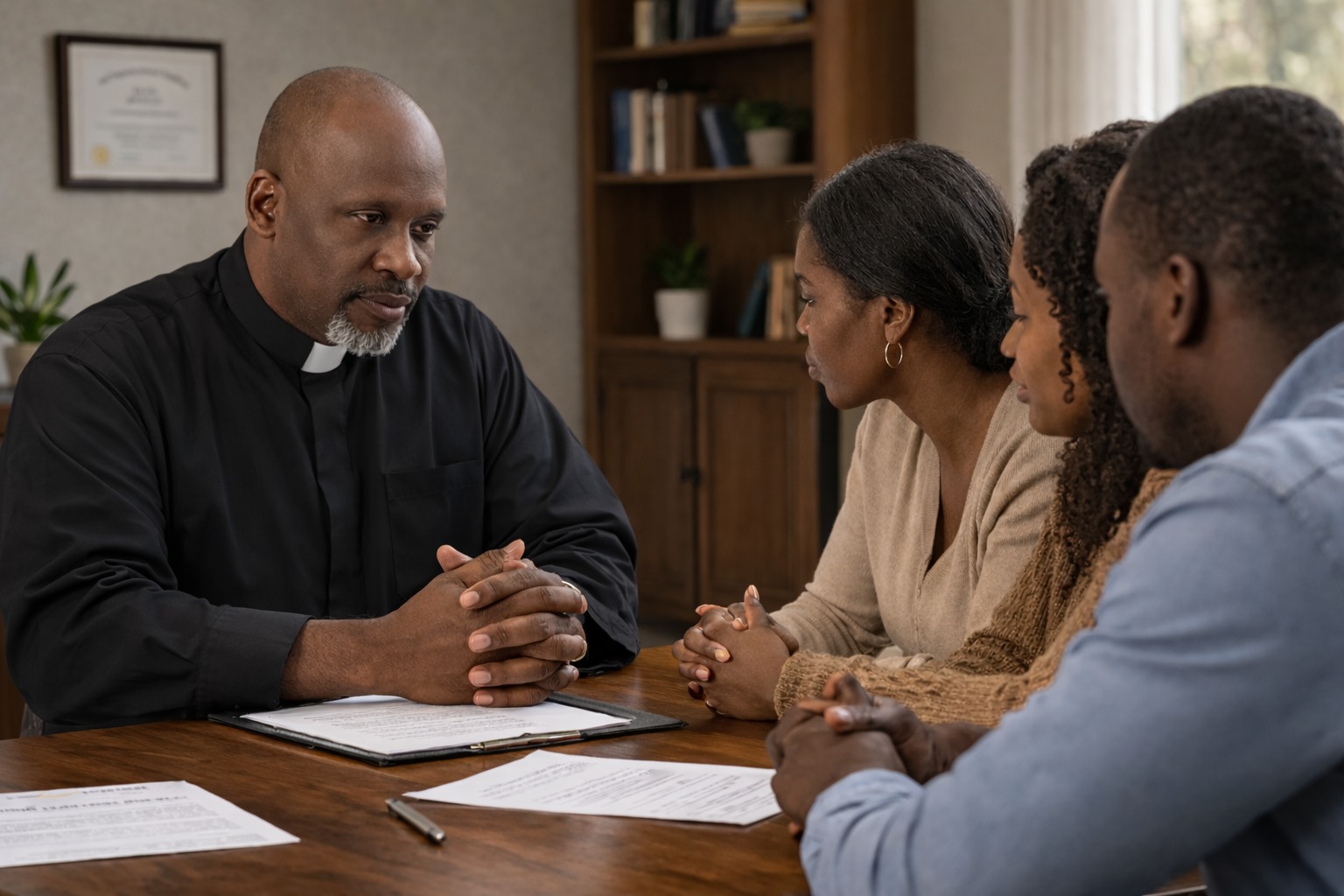 A family receiving compassionate guidance while making arrangements